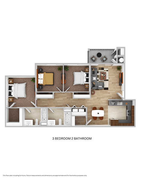 Floor plan for 3 beds, 2 baths, 1068 sqft